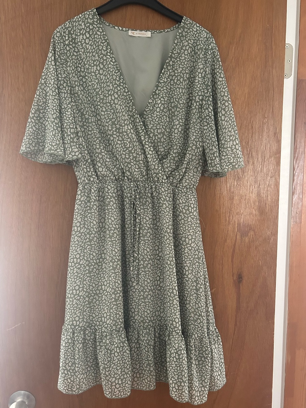 Sage Green Printed Wrap Midi Dress with Flutter Sleeves